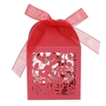 Detail of red laser-cut candy box with fairy pattern, number 18 and a satin ribbon bow - Pearlescent Red