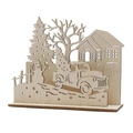 3D-Weihnachtsszene aus Holz mit Oldtimer-LKW, Schneemann und Tannen auf einem Holzsockel - 3D Stereoskopische Landschaft (木工艺品-D)