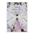Elegant laser-cut wedding invitation with white floral lace sleeve and satin ribbon bow - White