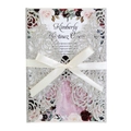 Elegante invito di nozze argento glitter tagliato al laser con fiocco in raso crema - Argento Scintillante