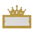 Macro detail of gold glitter crown table card with white blank insert for wedding names - Hollow Crown Style-233 (XWK-233) / 10*10CM