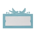 Macro detail of laser-cut heart and dove patterns on sky blue pearlescent wedding place cards - Tiffany Blue
