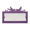 Detail of laser-cut purple bird and heart place card with white paper insert - Dark Purple