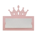 Detailed view of pink pearlescent crown place card with white insert for guest names - Pink