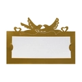 Detail of laser cut golden lovebirds and heart design on white wedding place card - Reflective Gold