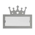 Close-up of laser-cut silver crown place card holder with white insert for parties - 10*10CM / Reflective Silver