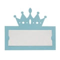 Macro detail of a light blue laser-cut crown place card with blank white insert for events - Tiffany Blue