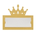 Detailed view of hollow gold glitter crown place card with elegant white insert for weddings - Gold