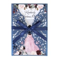 Navy blue laser-cut hollow invitation with a satin ribbon bow and elegant floral inner card - Magic Blue