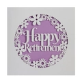 Elegante lasergeschnittene Ruhestandskarte in Weiß mit lila Blumen und Happy Retirement Text - Weiße Hülle + Lila Innenseite