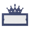 Detail of laser-cut navy blue crown place card with pearlescent finish and white insert - Magic Blue