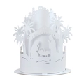 Macro detail of the white 3D paper-cut nativity scene with Mary, Joseph, and Jesus - White