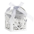 Caja de regalo corazón plateada cortada con láser y lazo decorativo de cinta azul claro - 5*5*8CM / Plata Espejo