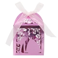Detailed laser cut purple wedding candy box with bride and groom silhouette and pink ribbon - Mirror Pink