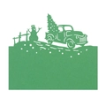 Intricate laser-cut green Christmas place card featuring a vintage truck and snowman - 10*10CM / Dark Green