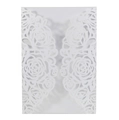 Elegant laser-cut white wedding invitation cover with intricate rose floral pattern - White