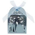 Close-up of laser-cut metallic blue wedding favor box with bride and groom silhouette - Mirror Indigo