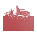 Detail of red laser-cut Christmas table card with vintage truck, snowman, and tree - 10*10CM / Pearlescent Red