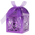Close-up of laser-cut purple heart pattern candy box with a decorative organza ribbon - 5*5*8CM / Mirror Dark Purple