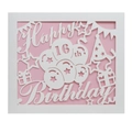 Close-up of laser-cut Happy 16th Birthday card with white paper and pink backing - Age 16 Pink Inner Page (HK-599)