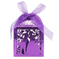 Detailed laser-cut purple metallic wedding favor box with bride and groom silhouette - Mirror Dark Purple