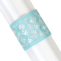 Close-up of laser-cut light blue paper napkin ring with geometric hollow pattern - Tiffany Blue