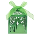 Detail of laser-cut green wedding favor box featuring romantic couple silhouette and ribbon - Mirror Dark Green