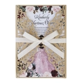 Detail of laser-cut champagne gold invitation with white ribbon and floral inner card - Beige Gold