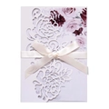 Elegant laser-cut floral wedding invitation with cream ribbon and floral insert card - White