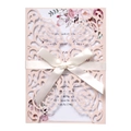 Elegant lavender laser cut wedding invitation with rose pattern and cream ribbon bow - Flesh Pink