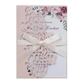 Elegant laser-cut floral wedding invitation with pink cover and white ribbon bow - Flesh Pink