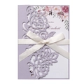 Detail of laser-cut rose hollow invitation with purple pearlescent cover and white ribbon - Lilac Purple