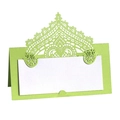 Detail of laser cut green wedding place card with intricate lace hollow pattern and insert - Bright Green