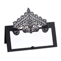 Detail of laser-cut black lace place card with intricate baroque pattern and white insert - Black