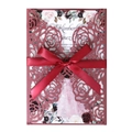 Invitation de mariage découpée au laser avec motif rose et ruban de soie bordeaux - Rouge Foncé