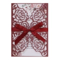 Elegant laser-cut burgundy wedding invitation with rose hollow design and a silk bow - Dark Red