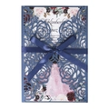 Faire-part mariage bleu marine découpé au laser avec motif rose et ruban élégant - Bleu Magique