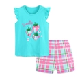 Ensemble d'été fille avec haut vert menthe fraise et short en coton à carreaux roses - 2Y(90cm) / Ensemble 2 Pièces Volants Broderie Fraise (2290)