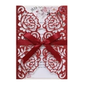 Elegant red glitter laser cut wedding invitation with a satin bow and floral inner card - Glitter Red