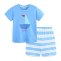 Ensemble coton garçon avec broderie voilier et short rayé bleu clair d'été - 2Y(90cm) / Bleu Ciel/Rayé Bleu (2293)
