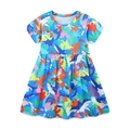 Short sleeve sea blue summer dress for girls featuring colorful cartoon marine animal prints - 3Y (Height 90-100cm) / Blue Ocean Print (1618)