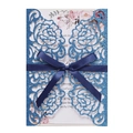 Navy blue glitter laser-cut wedding invitation card with rose pattern and ribbon - Glitter Royal Blue