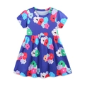 Girls short sleeve navy blue dress with vibrant floral print and elegant pleated skirt - 3Y(90cm) / Dark Blue Print