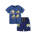 Boys short sleeve cotton outfit featuring blue t-shirt with yellow construction truck prints - Dark Blue Vehicle Outfit (5433+3098)