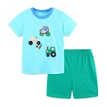 T-shirt bleu clair avec broderie tracteur et short vert ensemble d'été en coton garçon - 2Y(90cm) / Ensemble Applique Tracteur (2273)