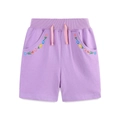 Girls purple knit shorts with floral embroidery and pink drawstring for summer - 2Y / Purple Shorts Only (Without T-shirt)