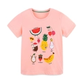 Pink girls' cotton T-shirt featuring vibrant cartoon fruit prints for summer fashion - 2Y(90cm) / Cartoon Fruit (5418)