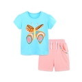 Kinder Sommer-Outfit mit blauem Schmetterling-T-Shirt und rosa Shorts mit Stickerei - 2Y(90cm) / Schmetterling Oberteil + Rosa Shorts Set