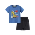Boys summer cotton set with navy blue t-shirt featuring cartoon construction truck prints - 2Y(90cm) / Blue Set