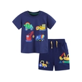 Navy blue boys cotton t-shirt and shorts set with colorful construction truck prints - 2Y(90cm) / Cartoon Construction Vehicle Print Outfit (5313+3136)